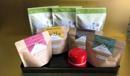 ふるさと納税品　佐京園の緑茶、玄米茶、和紅茶、ほうじ茶ティーバッグセット(マカロン缶付き)